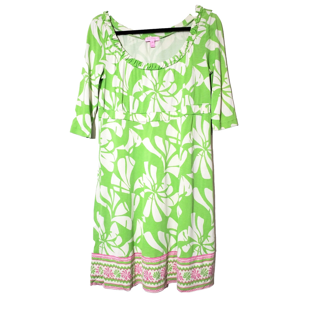 Lilly Pulitzer VTG Goldy Border Print Dress Womens XS 100% Silk Green Pink